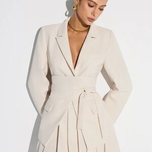 Commense Belted Cinch Waist Cream Blazer